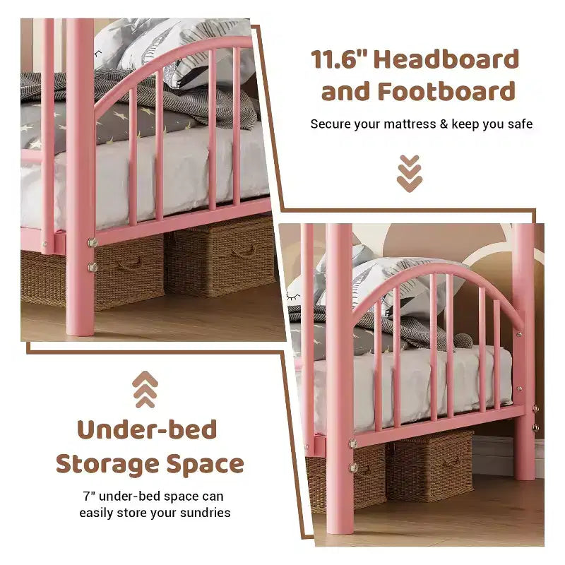 Lit superposé en métal une place sur une place, cadre superposé robuste avec garde-corps arqué et échelle de sécurité, lit en acier robuste pour enfants garçons filles, rose