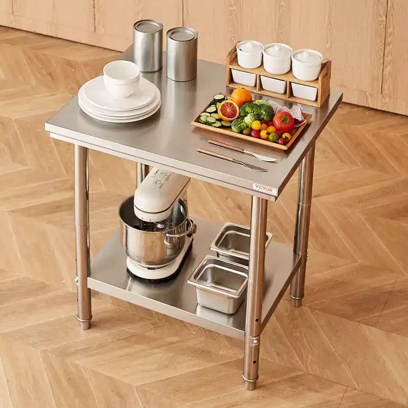 Table de préparation en acier inoxydable, 24 x 30 x 31 pouces, capacité de charge de 700 lb, établi métallique robuste avec 3 niveaux de hauteur réglables, argent