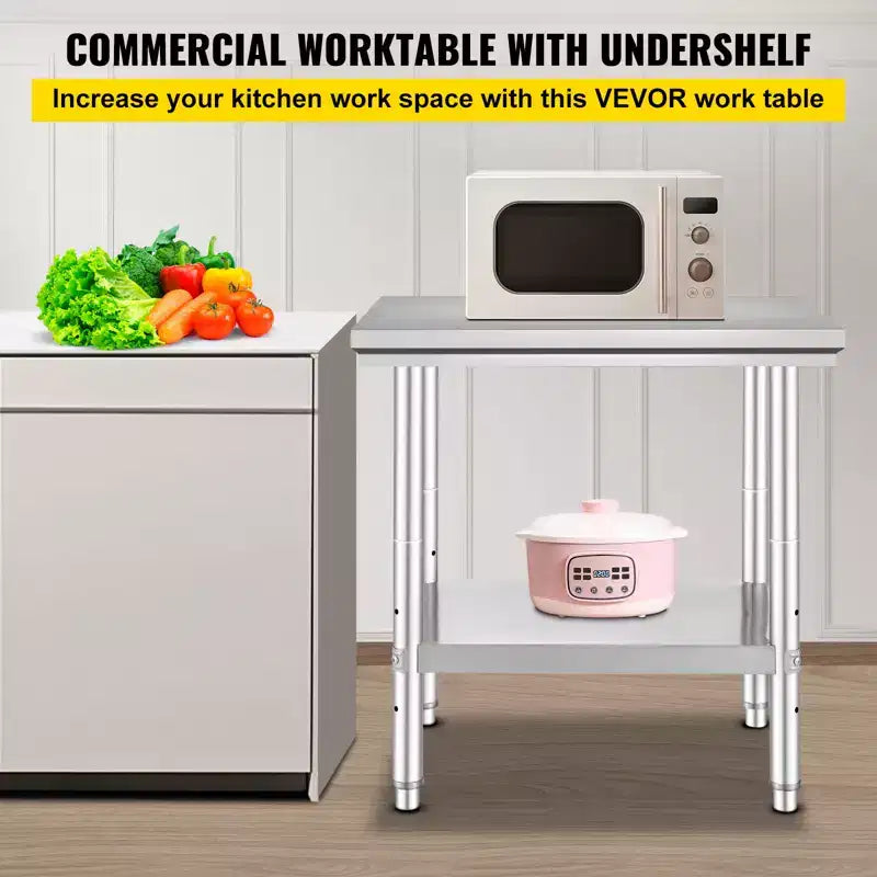 Table de préparation en acier inoxydable, 24 x 30 x 31 pouces, capacité de charge de 700 lb, établi métallique robuste avec 3 niveaux de hauteur réglables, argent