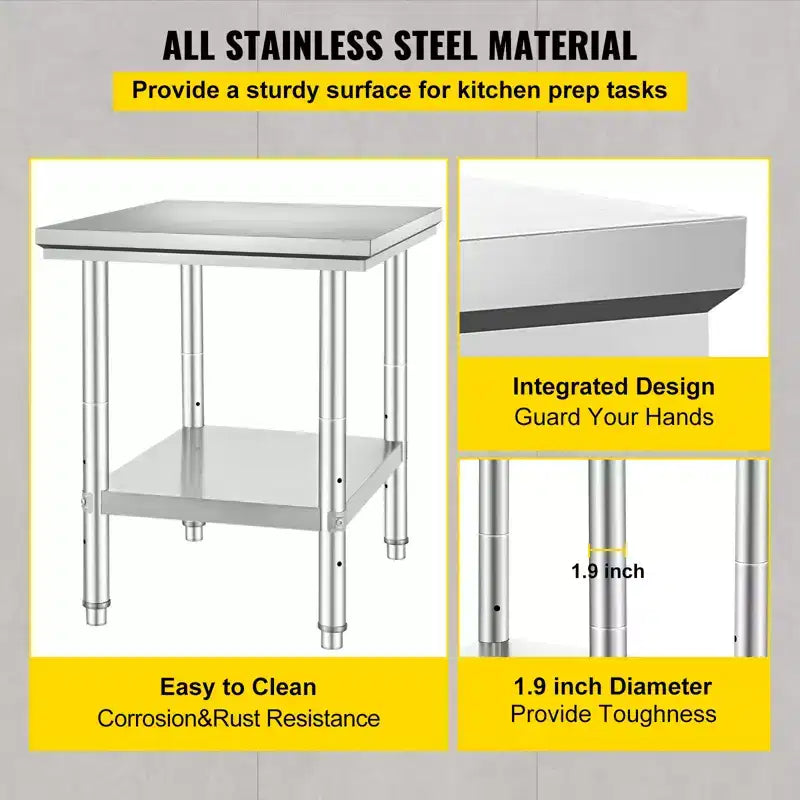 Table de préparation en acier inoxydable, 24 x 30 x 31 pouces, capacité de charge de 700 lb, établi métallique robuste avec 3 niveaux de hauteur réglables, argent