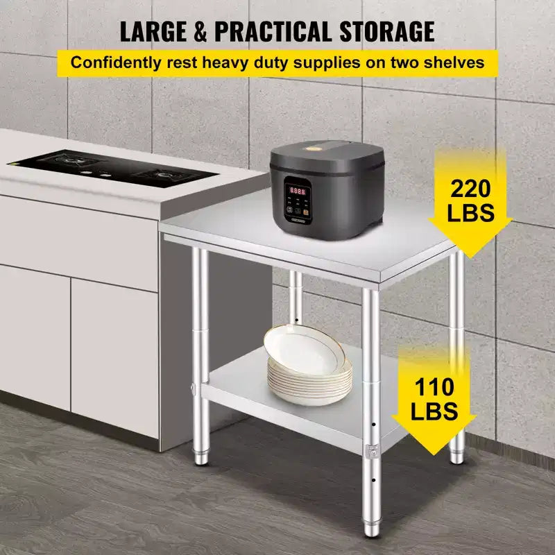 Table de préparation en acier inoxydable, 24 x 30 x 31 pouces, capacité de charge de 700 lb, établi métallique robuste avec 3 niveaux de hauteur réglables, argent