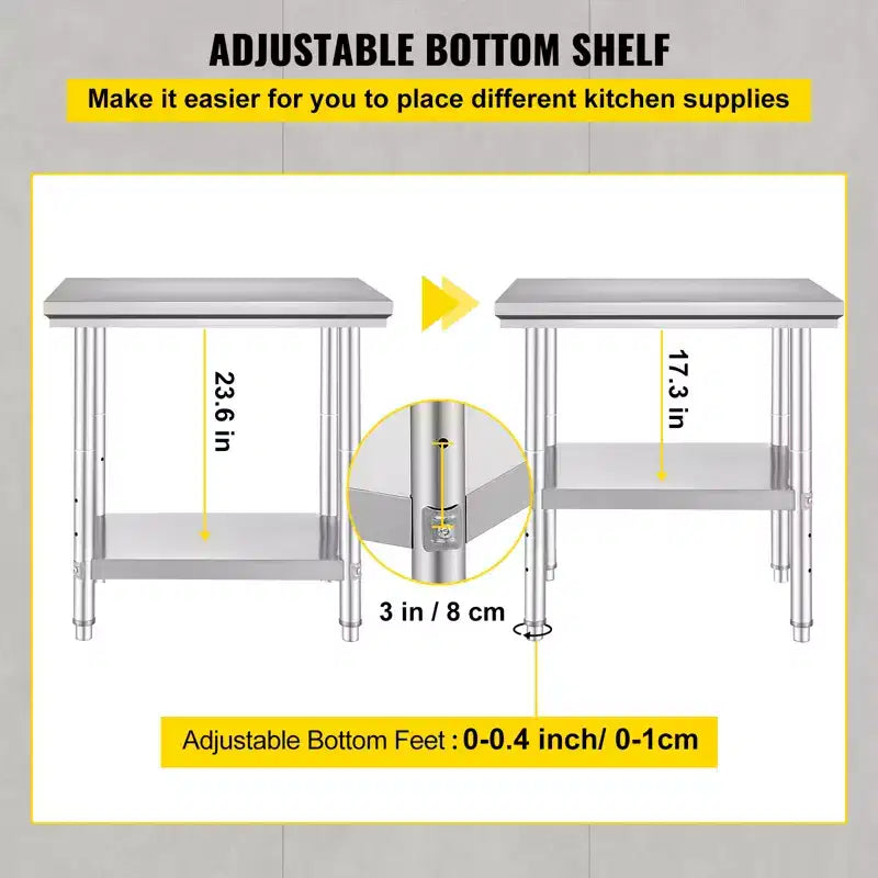 Table de préparation en acier inoxydable, 24 x 30 x 31 pouces, capacité de charge de 700 lb, établi métallique robuste avec 3 niveaux de hauteur réglables, argent