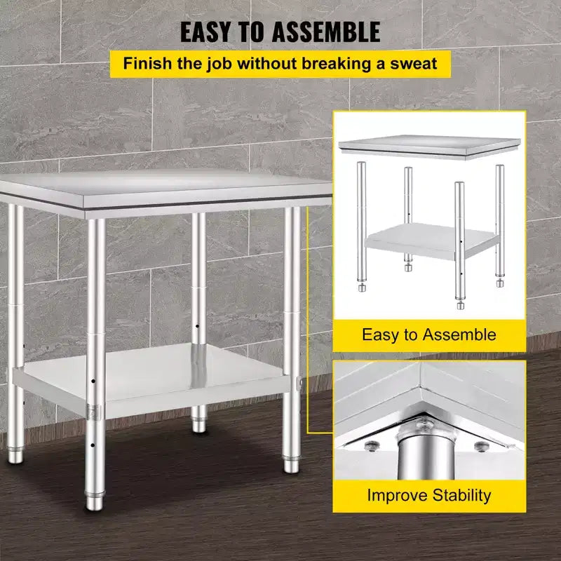 Table de préparation en acier inoxydable, 24 x 30 x 31 pouces, capacité de charge de 700 lb, établi métallique robuste avec 3 niveaux de hauteur réglables, argent