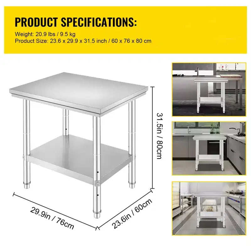 Table de préparation en acier inoxydable, 24 x 30 x 31 pouces, capacité de charge de 700 lb, établi métallique robuste avec 3 niveaux de hauteur réglables, argent