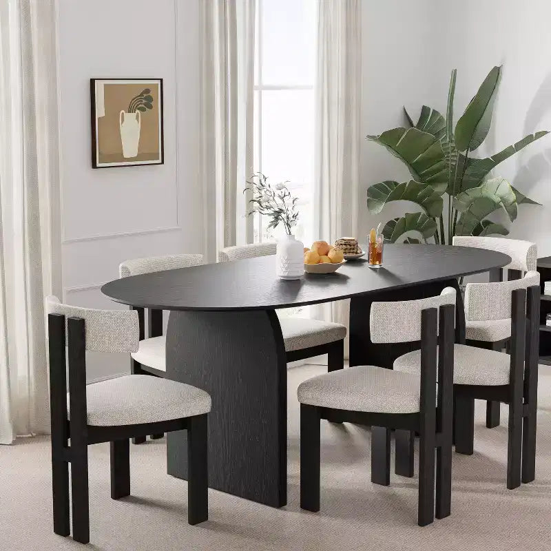 Table à manger ovale noire de style ferme de 67 po pour 4 à 6 personnes avec pieds de table arqués ronds pour salle à manger et salon