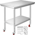 VEVOR Stainless Steel Work Table 24 x 18 x 34 Inch, 700 LBS Load Capacity with 4 Wheels, 3 Adjustable Height Levels, Silver