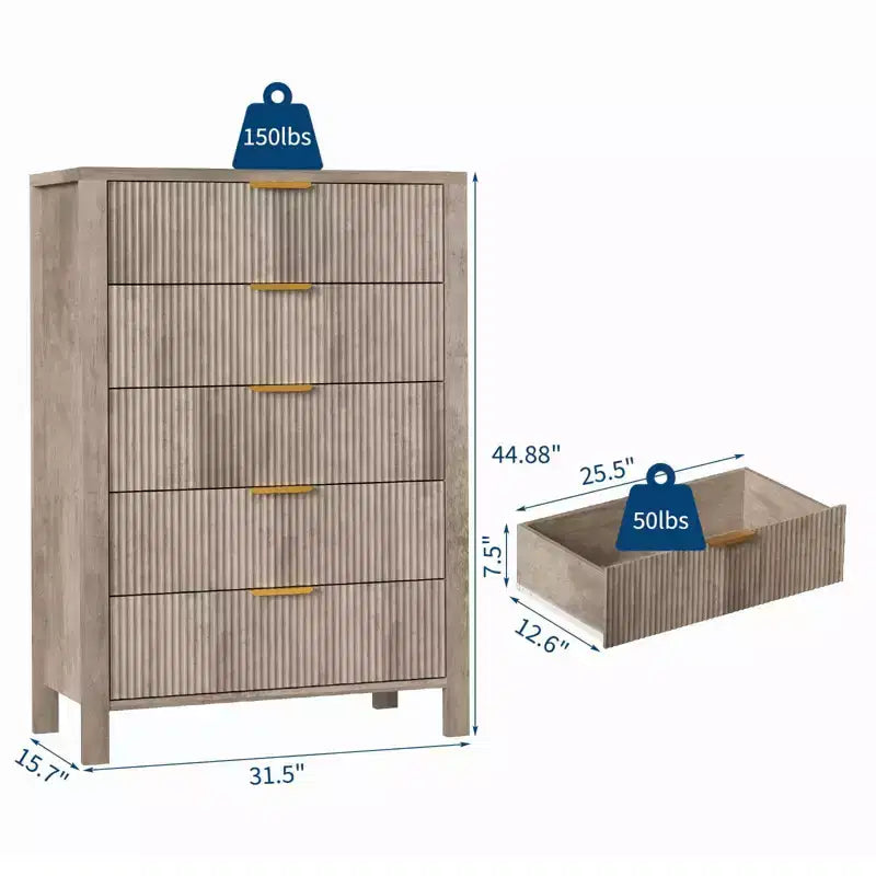 Commode à 5 tiroirs cannelés, commode étroite de 114 cm de haut pour petits espaces, commode en bois de style ferme moderne pour chambre à coucher, chambre d'enfant, appartement