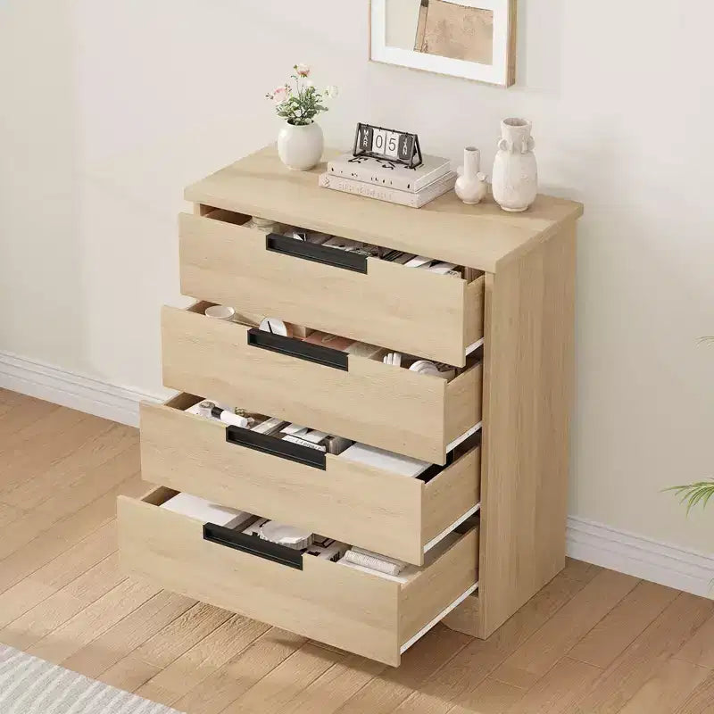 Commode 4 tiroirs en bois naturel - Organiseur de rangement moderne avec poignées encastrées pour chambre ou salon