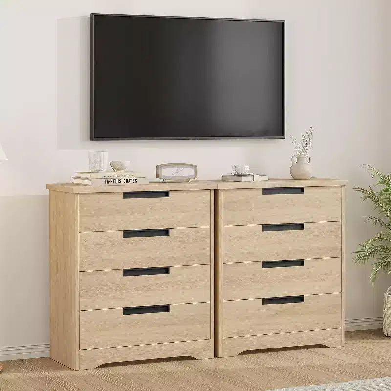 Commode 4 tiroirs en bois naturel - Organiseur de rangement moderne avec poignées encastrées pour chambre ou salon