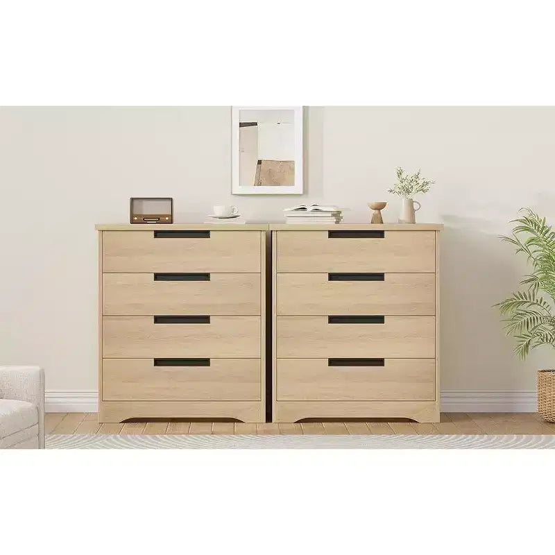 Commode 4 tiroirs en bois naturel - Organiseur de rangement moderne avec poignées encastrées pour chambre ou salon