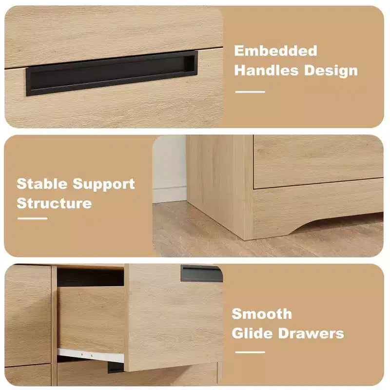 Commode 4 tiroirs en bois naturel - Organiseur de rangement moderne avec poignées encastrées pour chambre ou salon