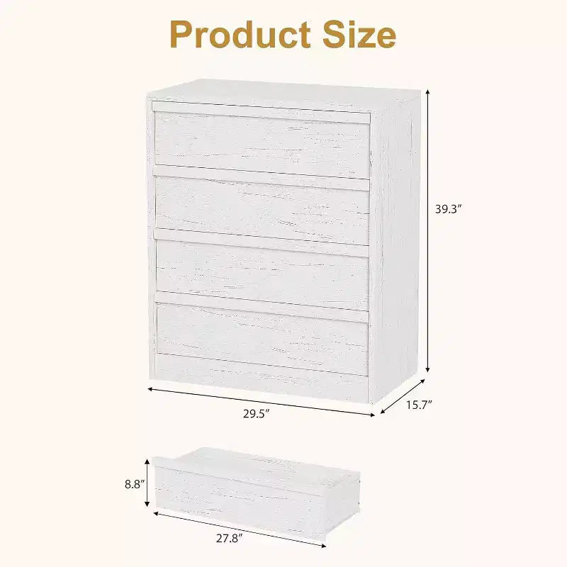 Commode 4 tiroirs en bois naturel - Organiseur de rangement moderne avec poignées encastrées pour chambre ou salon