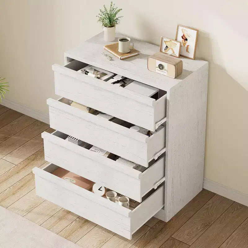 Commode 4 tiroirs en bois naturel - Organiseur de rangement moderne avec poignées encastrées pour chambre ou salon