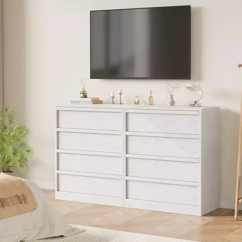Commode 4 tiroirs en bois naturel - Organiseur de rangement moderne avec poignées encastrées pour chambre ou salon