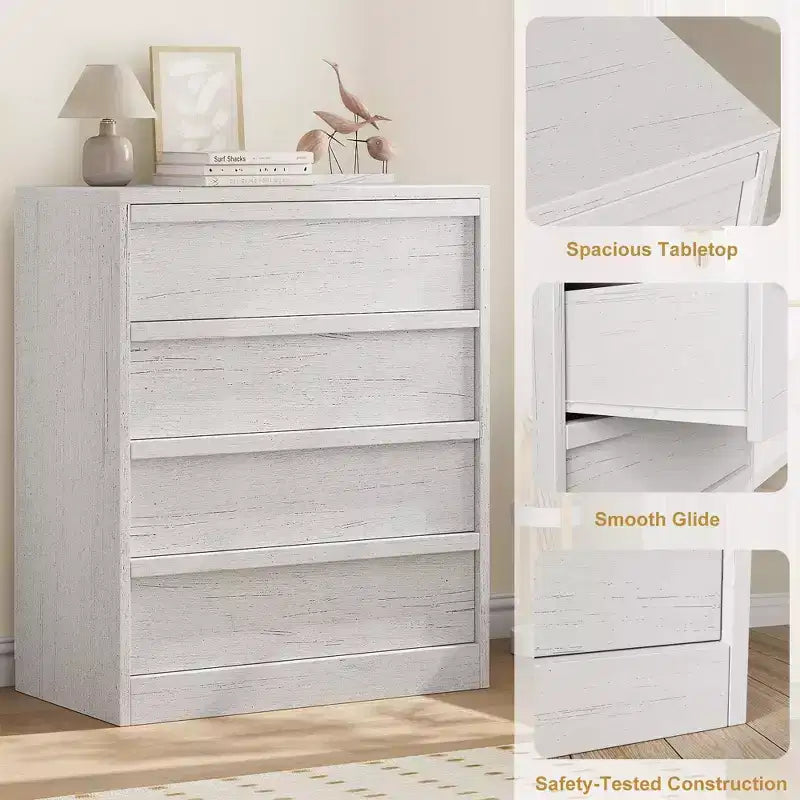 Commode 4 tiroirs en bois naturel - Organiseur de rangement moderne avec poignées encastrées pour chambre ou salon