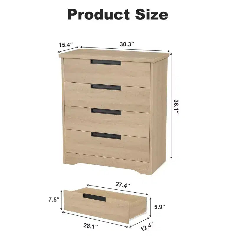 Commode 4 tiroirs en bois naturel - Organiseur de rangement moderne avec poignées encastrées pour chambre ou salon