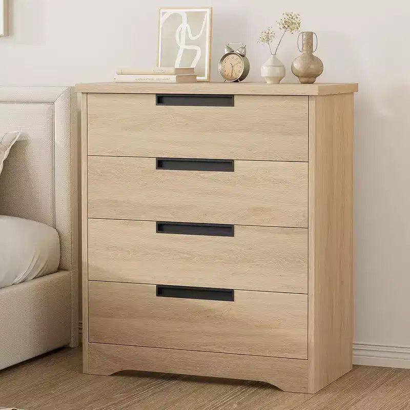 Commode 4 tiroirs en bois naturel - Organiseur de rangement moderne avec poignées encastrées pour chambre ou salon