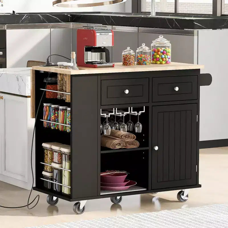 MAYEERTY Kitchen Island with Power Outlet Drop Leaf and Rubber Wood Wine Rack 5 Wheels Adjustable Storage for Home Dining Room Black