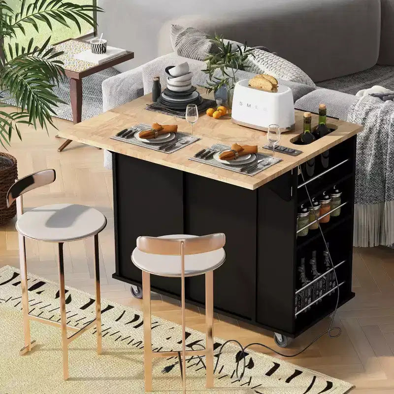 Îlot de cuisine avec prise de courant, abattant et casier à vin en bois d'hévéa, 5 roulettes, rangement réglable pour salle à manger, noir