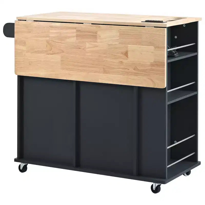 Îlot de cuisine avec prise de courant, abattant et casier à vin en bois d'hévéa, 5 roulettes, rangement réglable pour salle à manger, noir