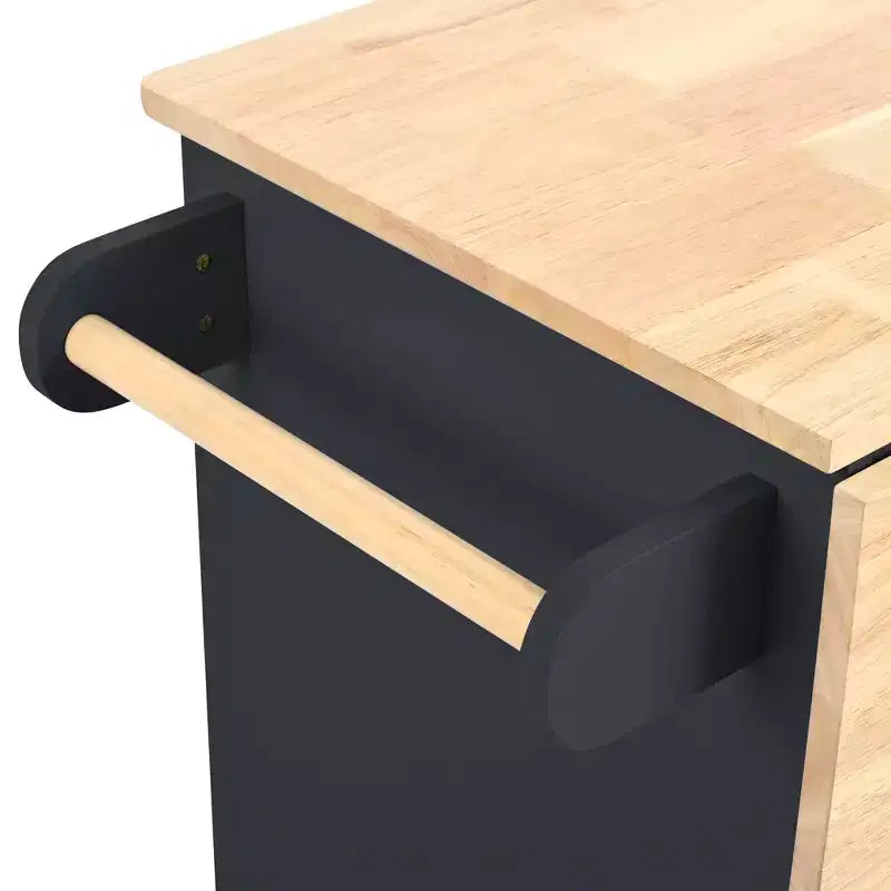 Îlot de cuisine avec prise de courant, abattant et casier à vin en bois d'hévéa, 5 roulettes, rangement réglable pour salle à manger, noir