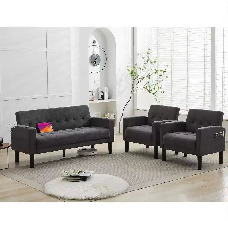 TYBOATLE 3-Piece Sofa Couch, Modern Linen Upholstered Sofa, 2-Piece Set (Loveseat & Chair) Sofa with Deep Seats for Living Room,Dark Gray