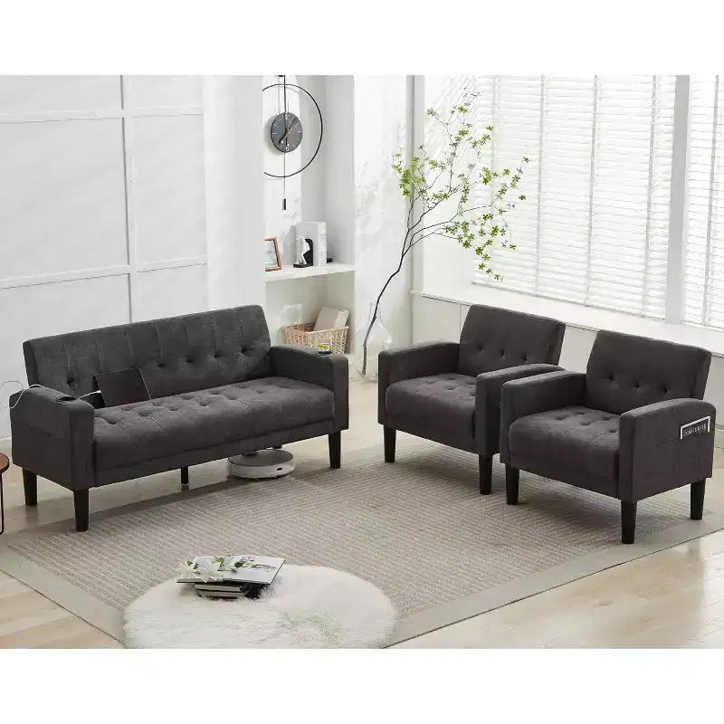 TYBOATLE Canapé 3 places, Canapé moderne en lin, Ensemble 2 pièces (Canapé 2 places et fauteuil) avec assise profonde pour salon, Gris foncé