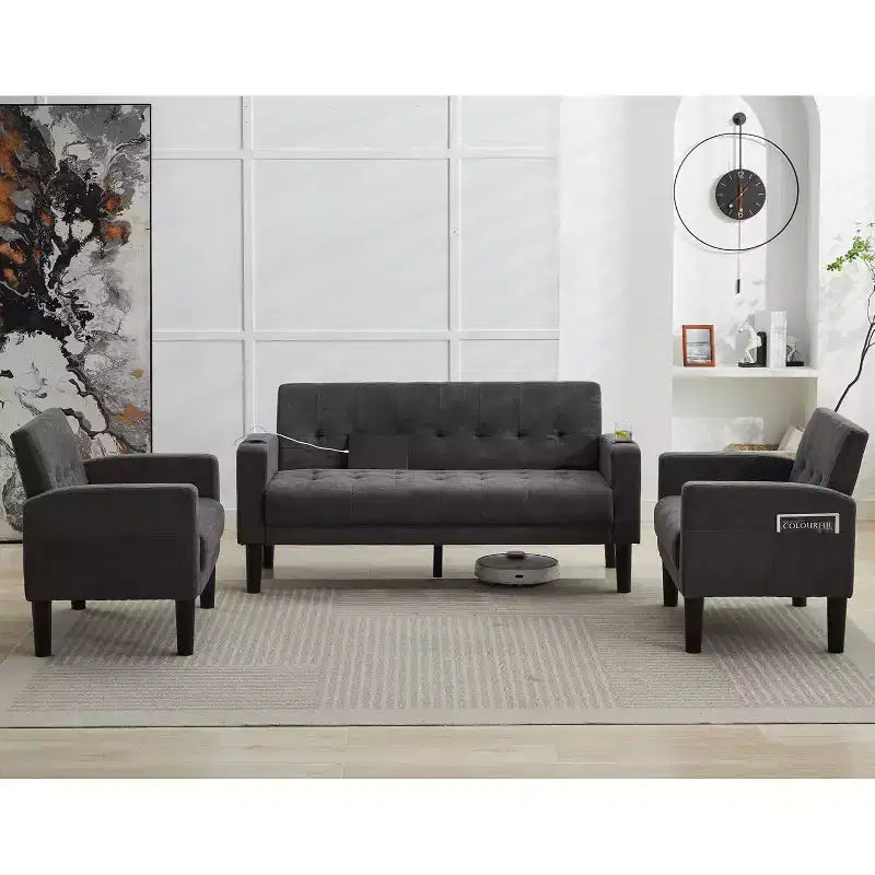 TYBOATLE Canapé 3 places, Canapé moderne en lin, Ensemble 2 pièces (Canapé 2 places et fauteuil) avec assise profonde pour salon, Gris foncé