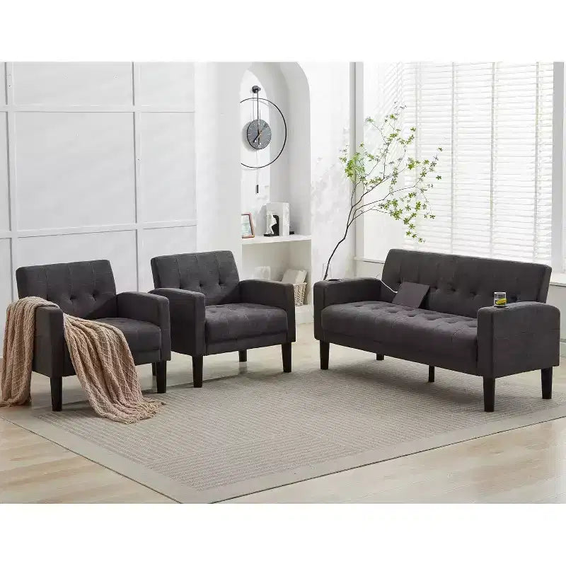 TYBOATLE Canapé 3 places, Canapé moderne en lin, Ensemble 2 pièces (Canapé 2 places et fauteuil) avec assise profonde pour salon, Gris foncé