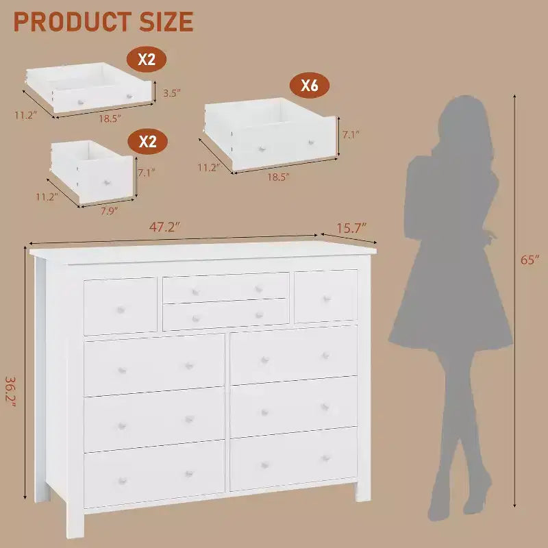 COZONY Commode à 10 tiroirs, 120 cm de large, en bois pour chambre à coucher, meuble TV long avec rangement pour salon, couloir