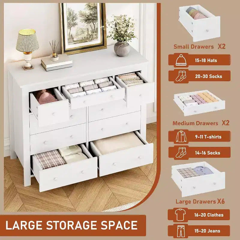 COZONY Commode à 10 tiroirs, 120 cm de large, en bois pour chambre à coucher, meuble TV long avec rangement pour salon, couloir