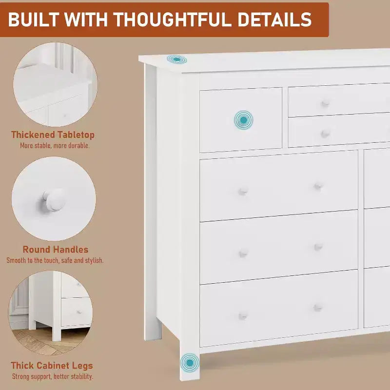 COZONY Commode à 10 tiroirs, 120 cm de large, en bois pour chambre à coucher, meuble TV long avec rangement pour salon, couloir
