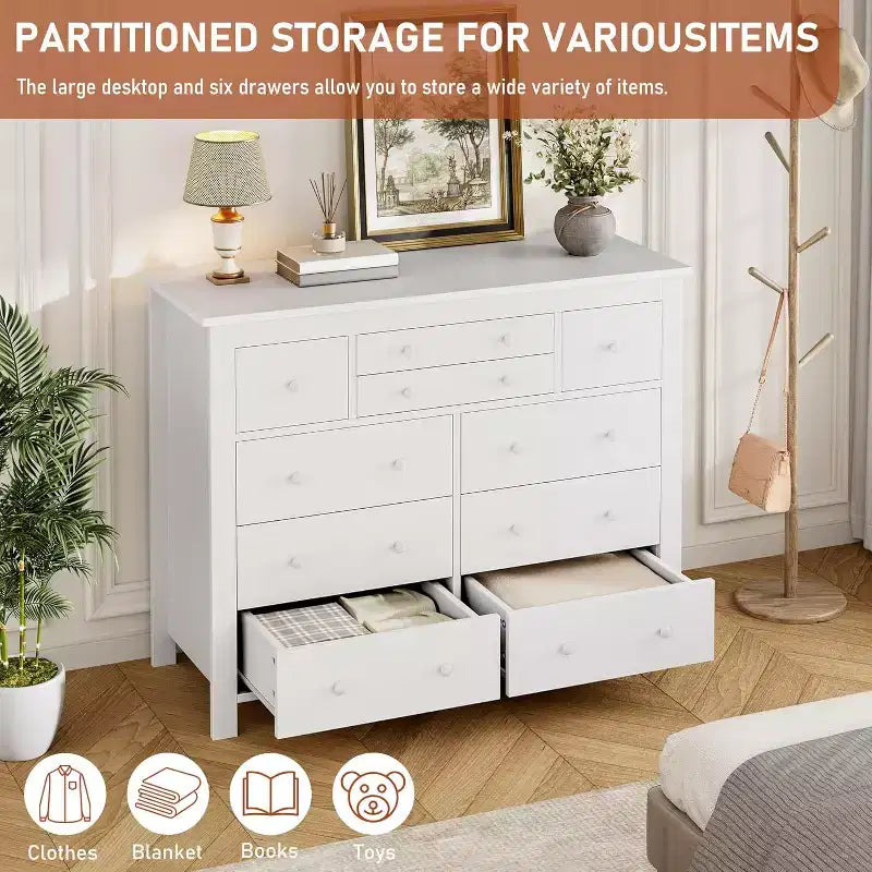 COZONY Commode à 10 tiroirs, 120 cm de large, en bois pour chambre à coucher, meuble TV long avec rangement pour salon, couloir