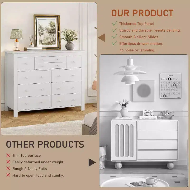 COZONY Commode à 10 tiroirs, 120 cm de large, en bois pour chambre à coucher, meuble TV long avec rangement pour salon, couloir