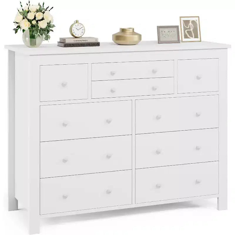 COZONY Commode à 10 tiroirs, 120 cm de large, en bois pour chambre à coucher, meuble TV long avec rangement pour salon, couloir