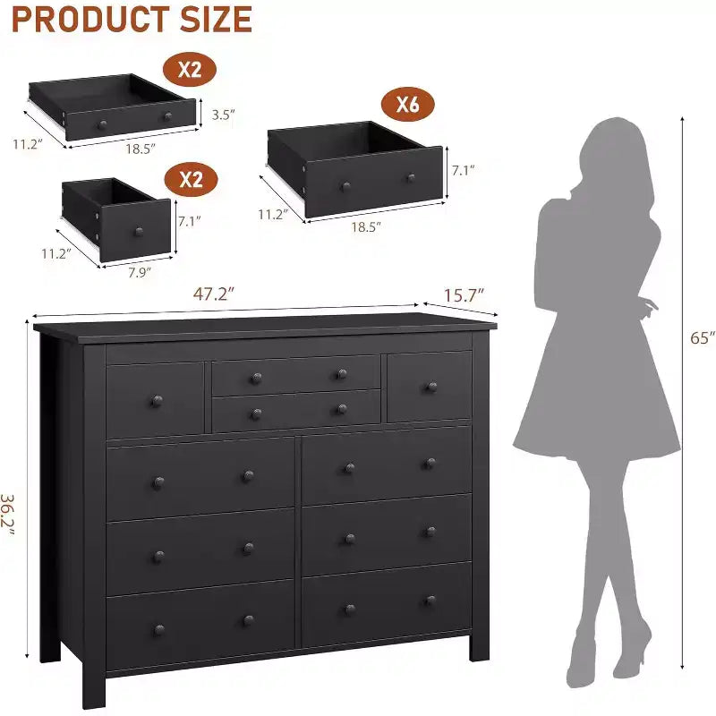 COZONY Commode à 10 tiroirs, 120 cm de large, en bois pour chambre à coucher, meuble TV long avec rangement pour salon, couloir