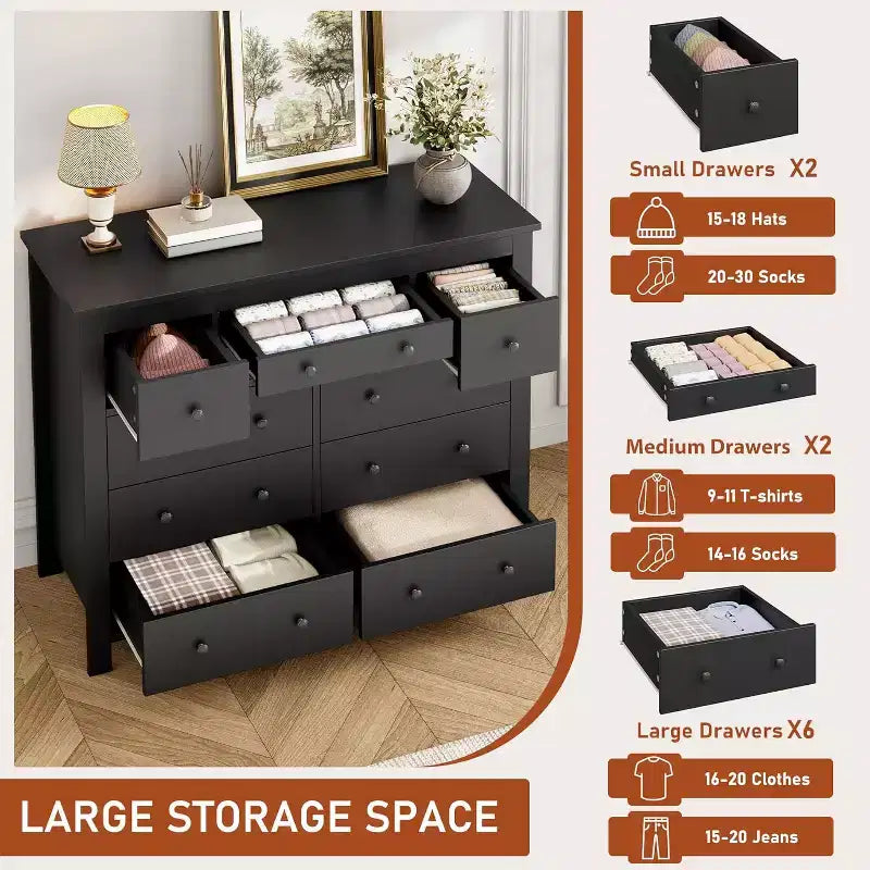 COZONY Commode à 10 tiroirs, 120 cm de large, en bois pour chambre à coucher, meuble TV long avec rangement pour salon, couloir