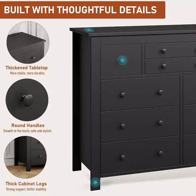 COZONY Commode à 10 tiroirs, 120 cm de large, en bois pour chambre à coucher, meuble TV long avec rangement pour salon, couloir