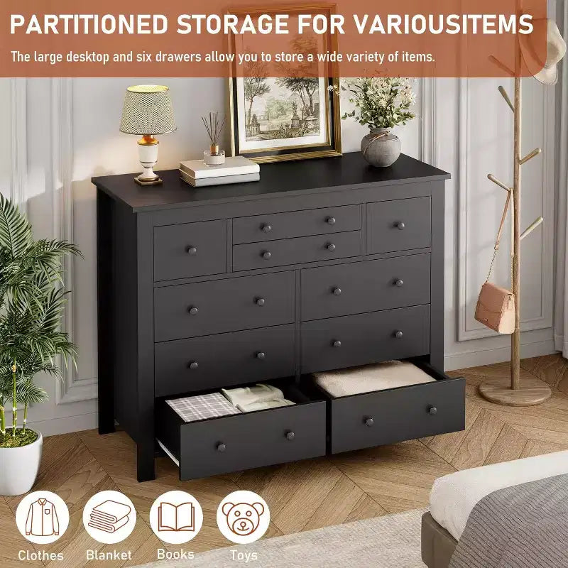 COZONY Commode à 10 tiroirs, 120 cm de large, en bois pour chambre à coucher, meuble TV long avec rangement pour salon, couloir