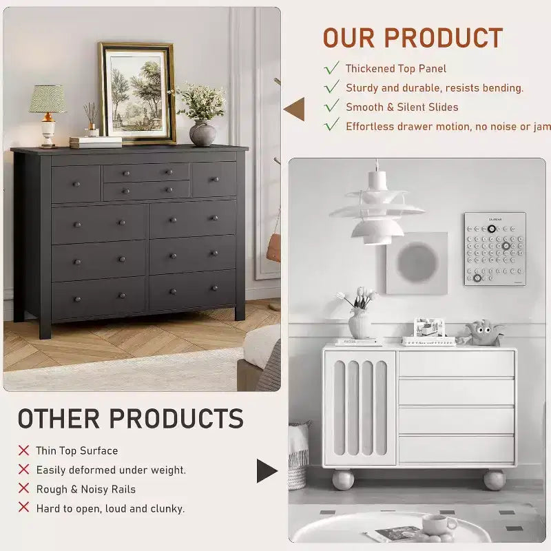COZONY Commode à 10 tiroirs, 120 cm de large, en bois pour chambre à coucher, meuble TV long avec rangement pour salon, couloir