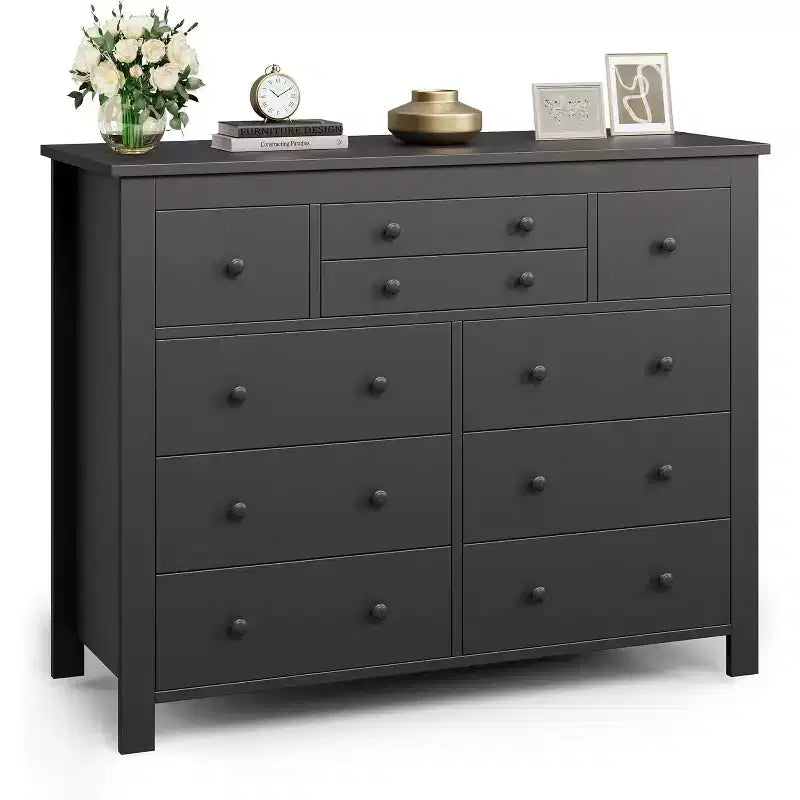 COZONY Commode à 10 tiroirs, 120 cm de large, en bois pour chambre à coucher, meuble TV long avec rangement pour salon, couloir