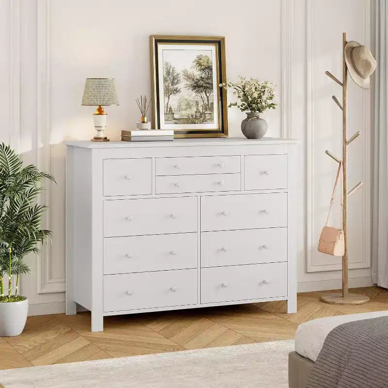 COZONY Commode à 10 tiroirs, 120 cm de large, en bois pour chambre à coucher, meuble TV long avec rangement pour salon, couloir