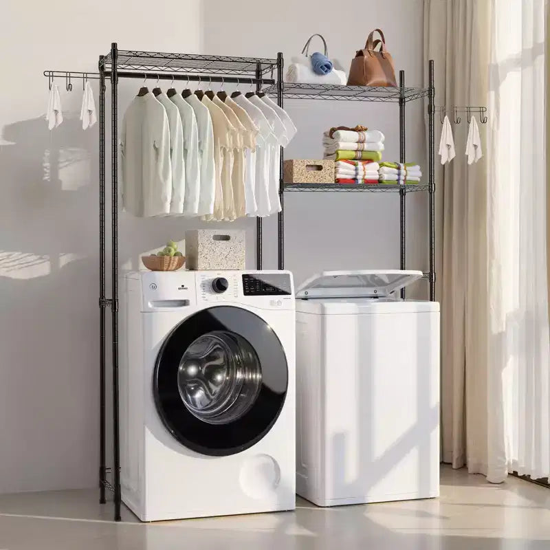 VEVOR Étagères de Rangement pour Lave-linge et Sèche-linge, Étagère de Séchage à Linge à 5 Niveaux avec Barre de Suspension et Crochets, Deux Rangées d'Étagères pour Lave-linge, Gain de Place, Noir