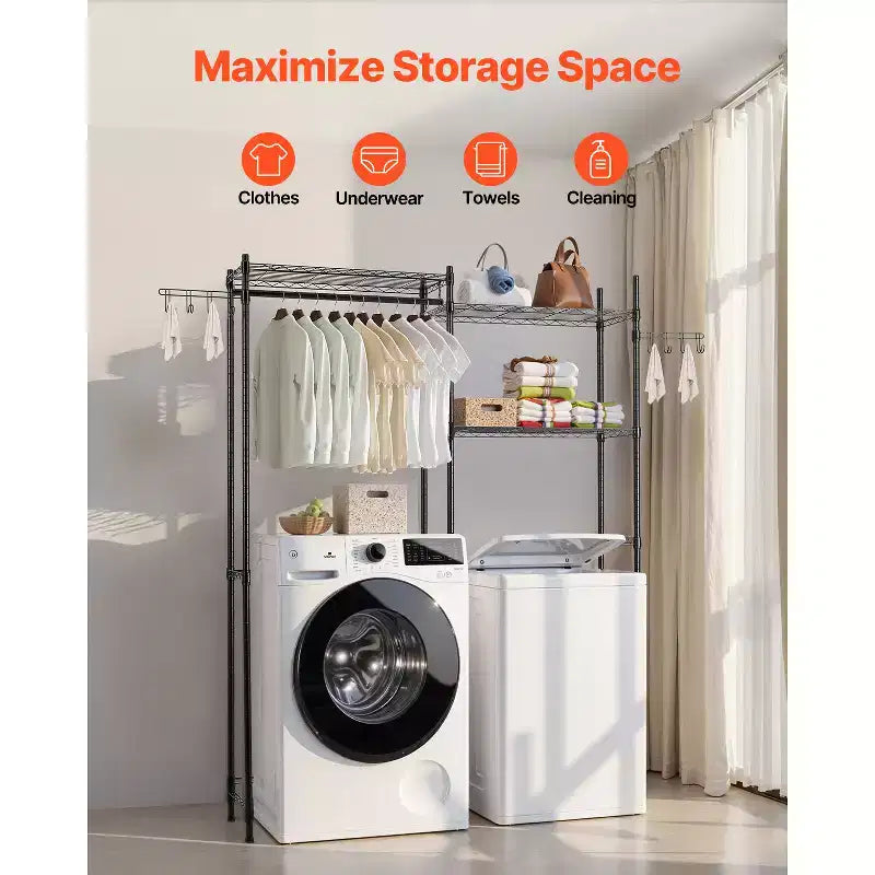 VEVOR Étagères de Rangement pour Lave-linge et Sèche-linge, Étagère de Séchage à Linge à 5 Niveaux avec Barre de Suspension et Crochets, Deux Rangées d'Étagères pour Lave-linge, Gain de Place, Noir