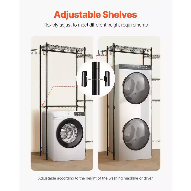 VEVOR Étagères de Rangement pour Lave-linge et Sèche-linge, Étagère de Séchage à Linge à 5 Niveaux avec Barre de Suspension et Crochets, Deux Rangées d'Étagères pour Lave-linge, Gain de Place, Noir