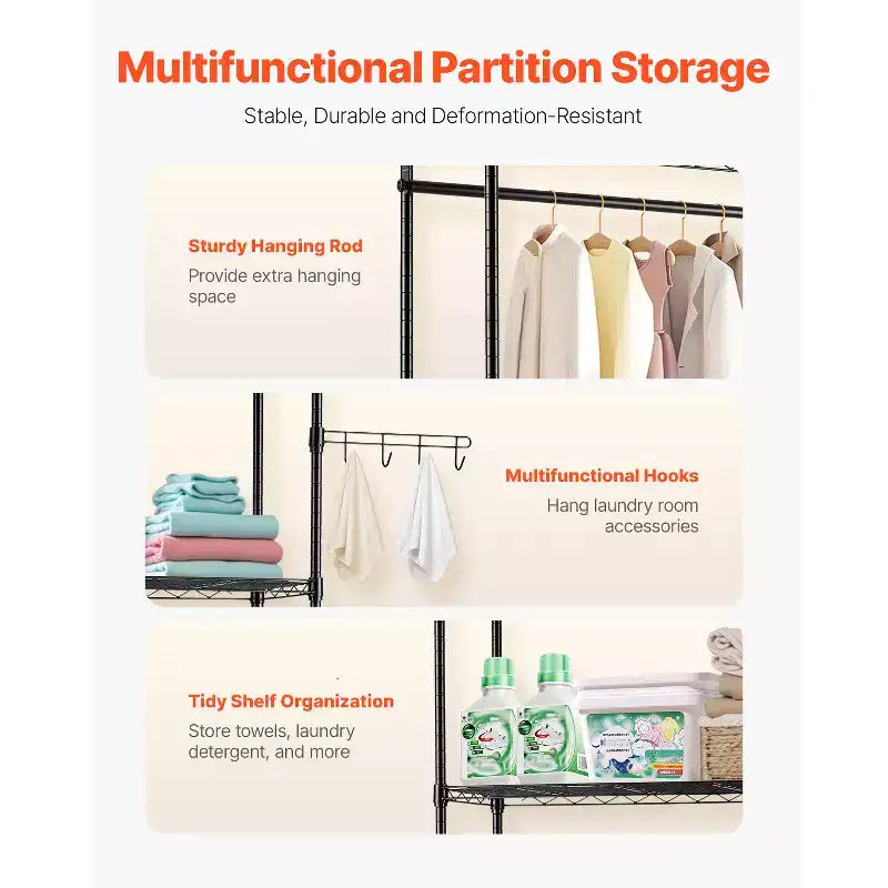 VEVOR Étagères de Rangement pour Lave-linge et Sèche-linge, Étagère de Séchage à Linge à 5 Niveaux avec Barre de Suspension et Crochets, Deux Rangées d'Étagères pour Lave-linge, Gain de Place, Noir