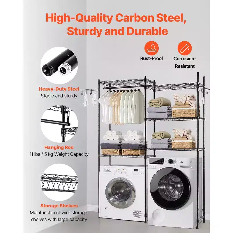 VEVOR Étagères de Rangement pour Lave-linge et Sèche-linge, Étagère de Séchage à Linge à 5 Niveaux avec Barre de Suspension et Crochets, Deux Rangées d'Étagères pour Lave-linge, Gain de Place, Noir