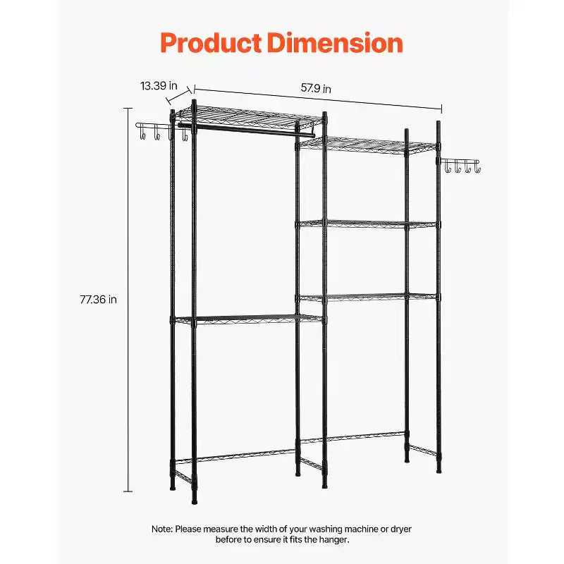 VEVOR Étagères de Rangement pour Lave-linge et Sèche-linge, Étagère de Séchage à Linge à 5 Niveaux avec Barre de Suspension et Crochets, Deux Rangées d'Étagères pour Lave-linge, Gain de Place, Noir