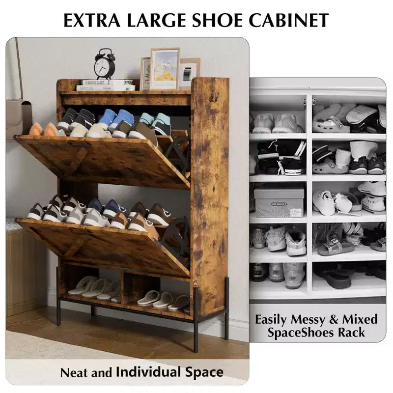 Meuble à Chaussures avec 2 Tiroirs Basculants, Meuble de Rangement pour Chaussures sur Pied pour Entrée, Peut Contenir Jusqu'à 24 Paires de Chaussures, Séparation Sec et Humide