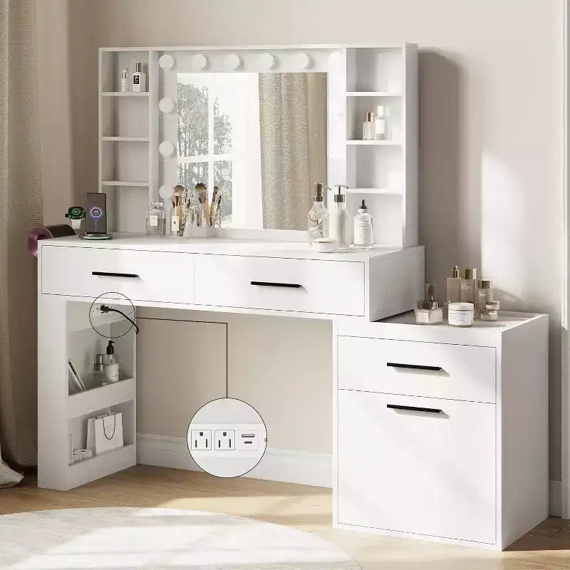 Ora Maison Convertible Vanity Desk 57, Large Makeup Table with 3-Color LED Mirror, Power Hub & Ample Storage for Bedroom